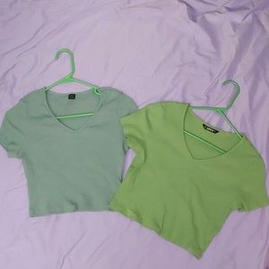 SHEIN * 2x RIBBED CROP TOPS * BLUE & GREEN * SIZE L * NWOT